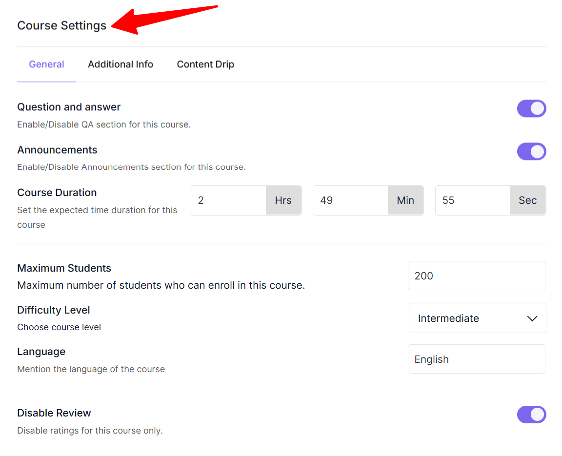 Academy LMS course settings