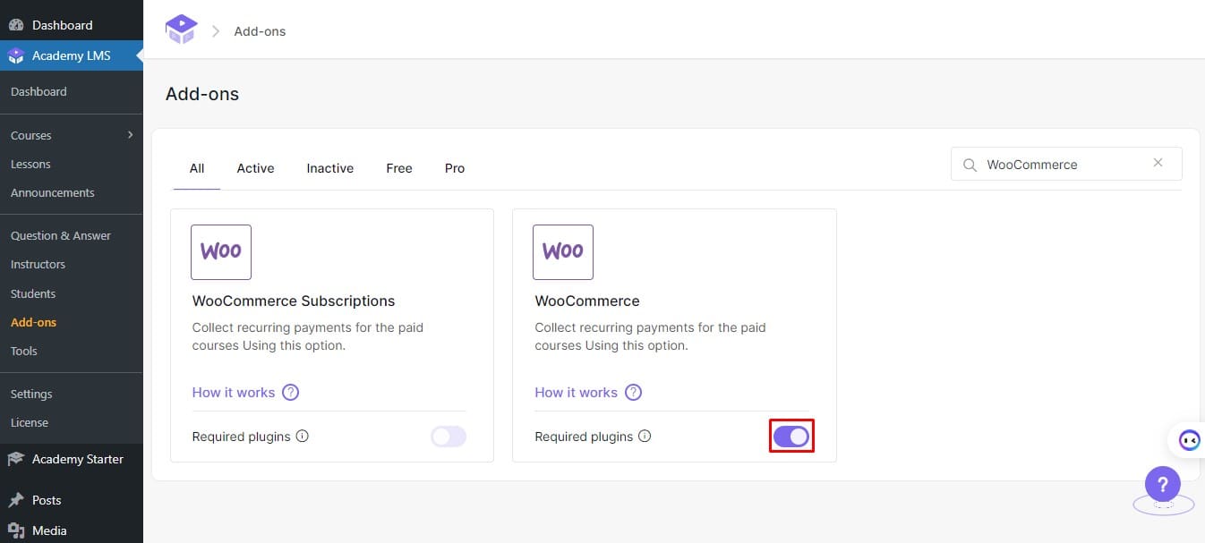 enable woocommerce addon