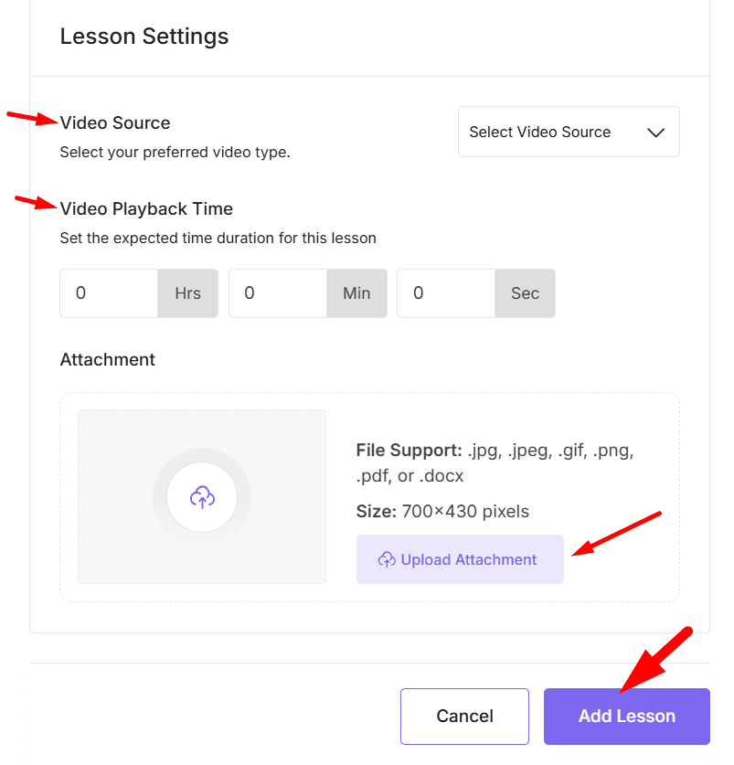 lesson settings and add lesson