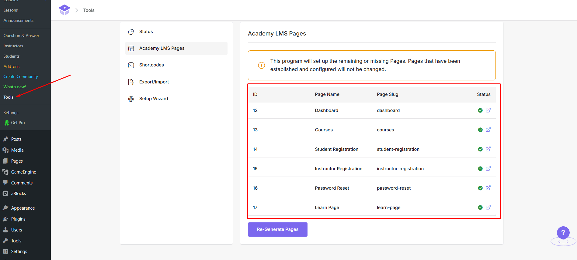 Academy LMS Core Pages