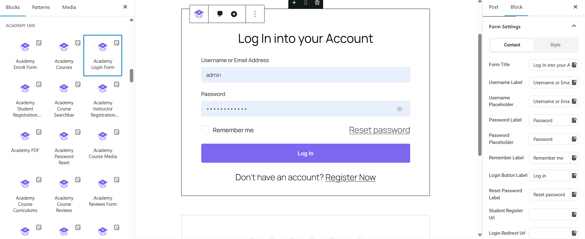 Academy Login Form