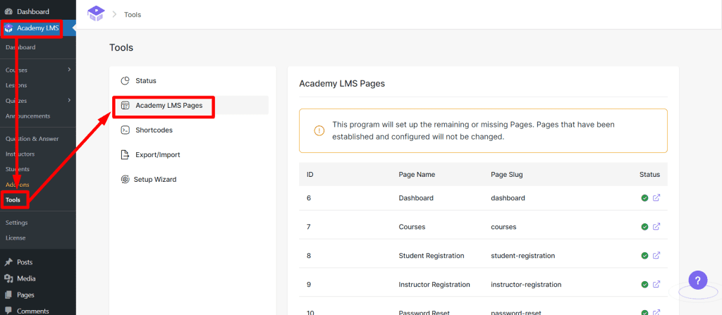 Academy LMS Pages Settings