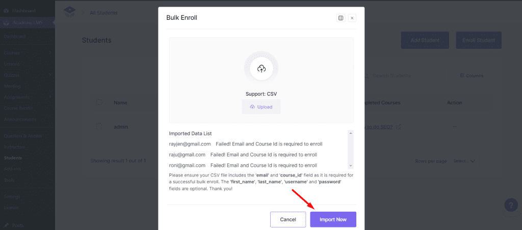Student Data CSV Upload and Import