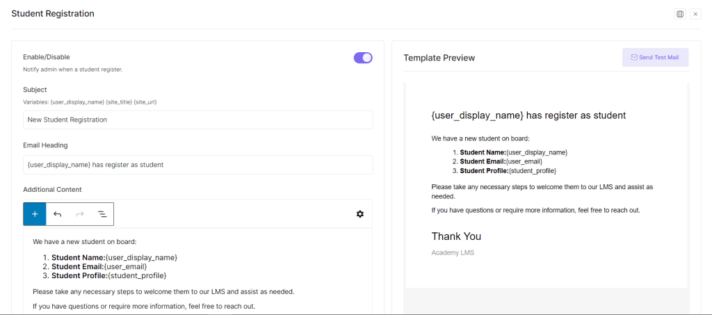 Student Registration Email Template
