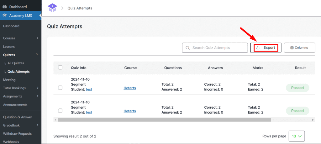 quiz attempts export option
