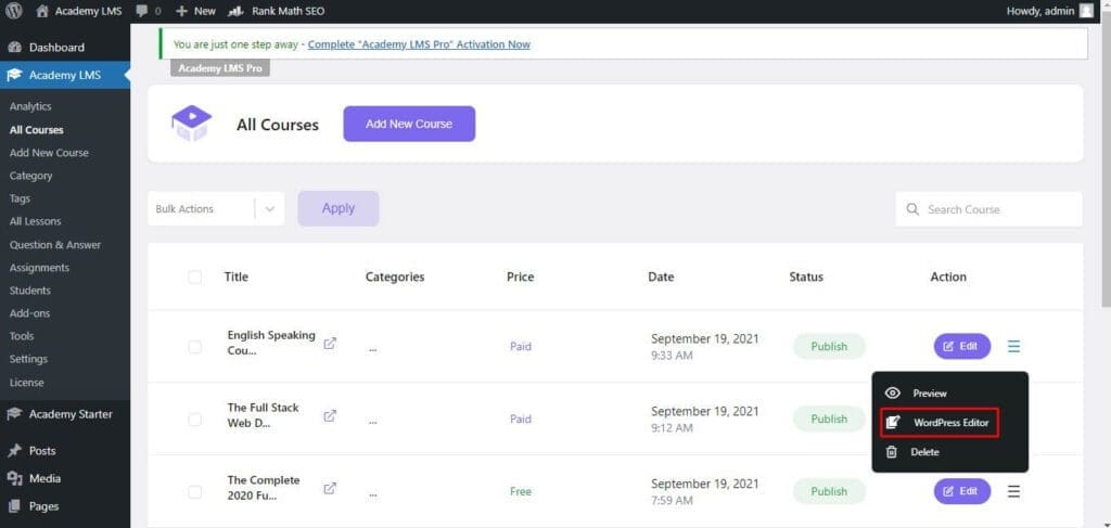 Academy LMS wordpress editor support 