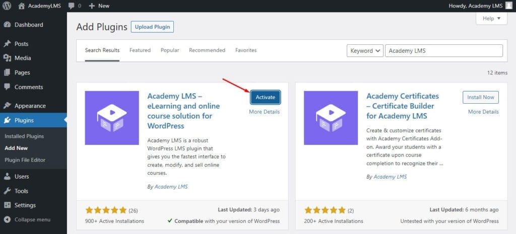 Activate academy lms plugin