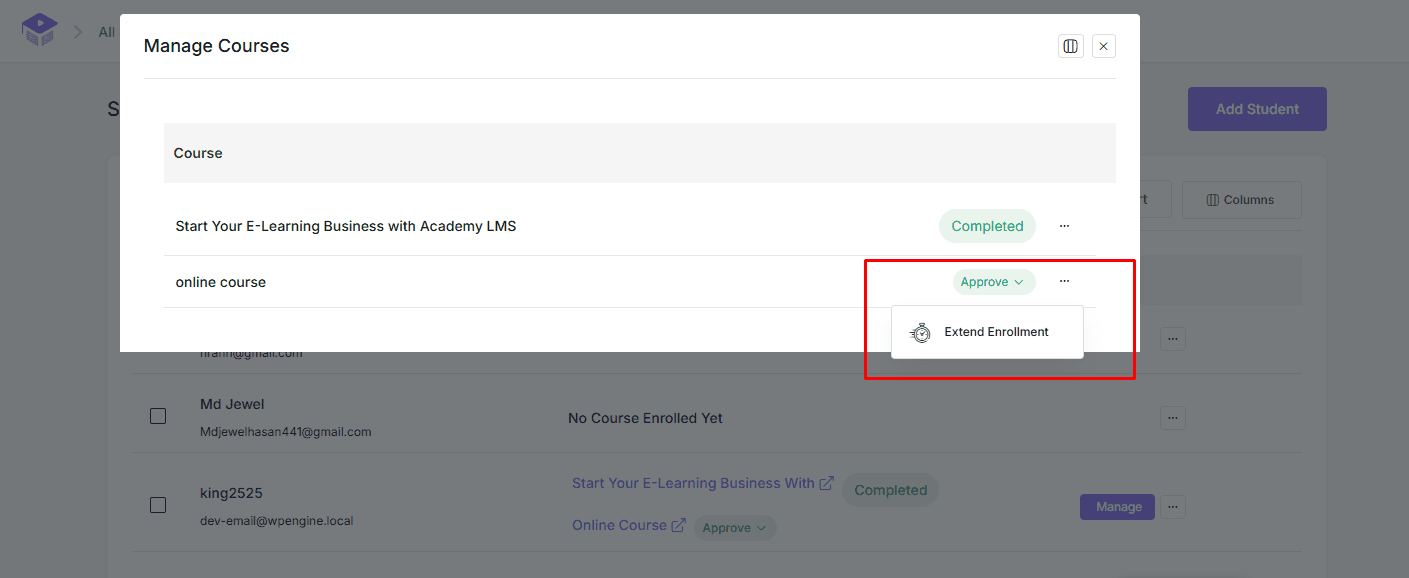 Manage Courses popup Manage Courses popup