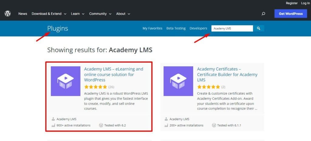 search academy lms plugin