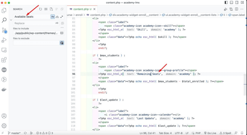 how to override the plugin files in Academy theme: change available seats as remaining seats