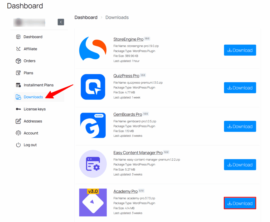 Academy LMS download from dashboard's 