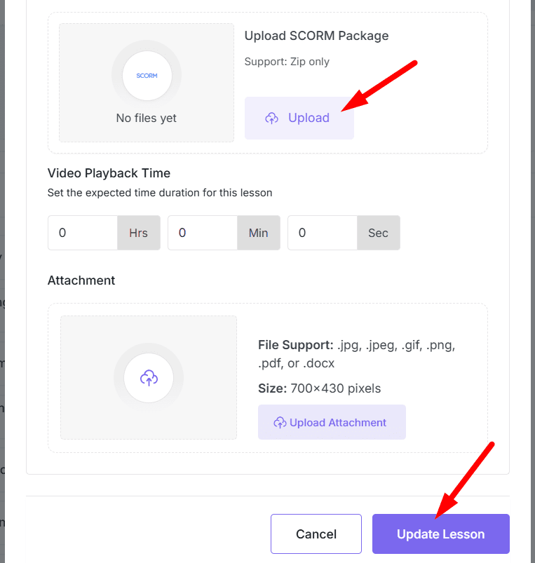 upload scorm on lessons