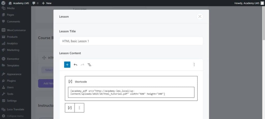 inserting pdf shortcode in a lesson