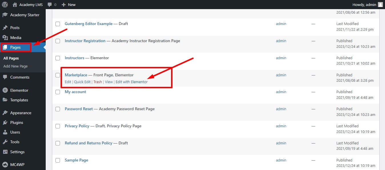 edit front page of Academy starter templates