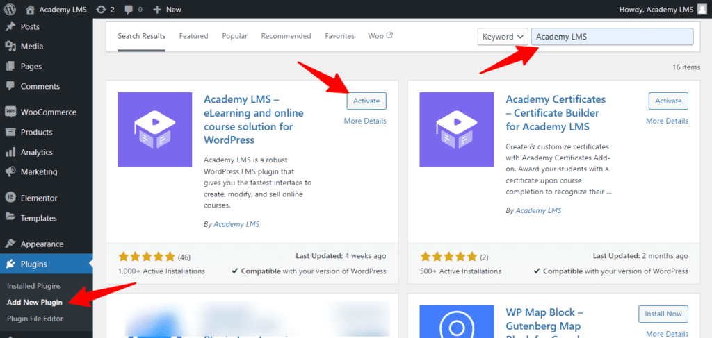 install academy lms plugin
