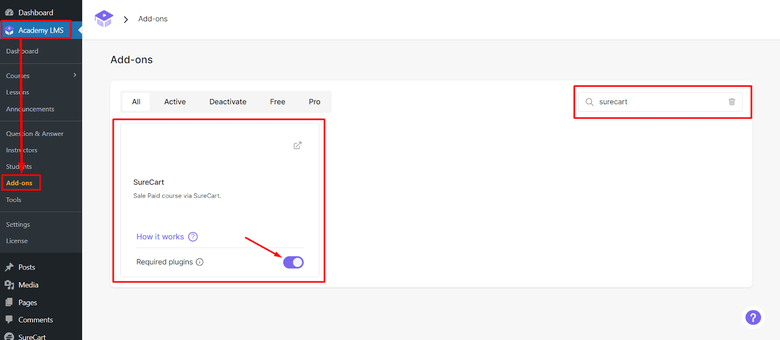 enable surecart addon