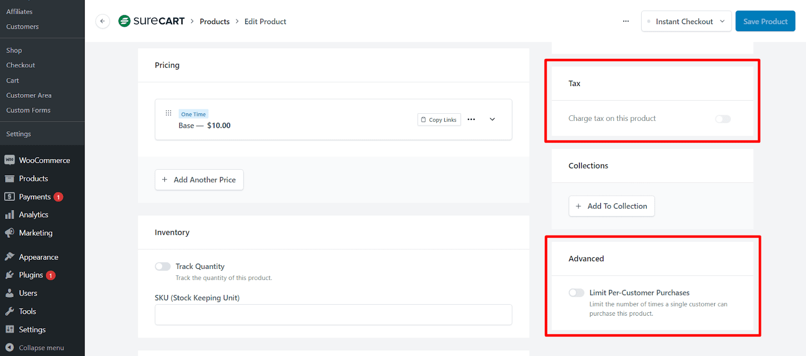 Tax and limit the per customer purchase from SureCart