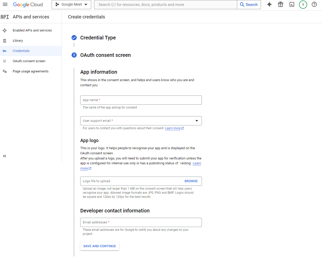 fill all finformation from oauth consent screen