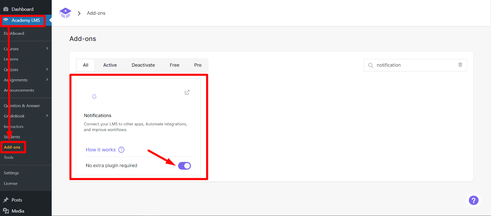 enable Academy LMS Notification Addon