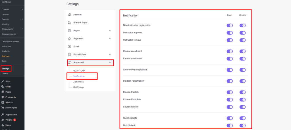 Academy LMS Notification Options