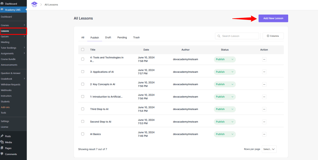 Academy LMS create Lesson