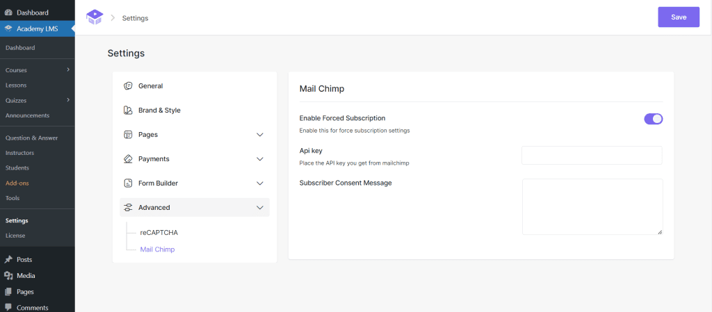 Academy LMS Mailchimp