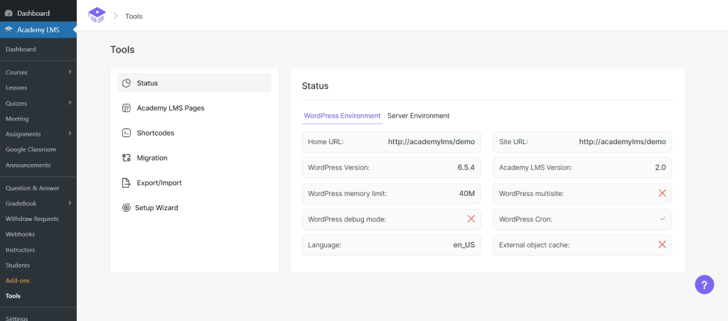 Academy LMS Tools Page