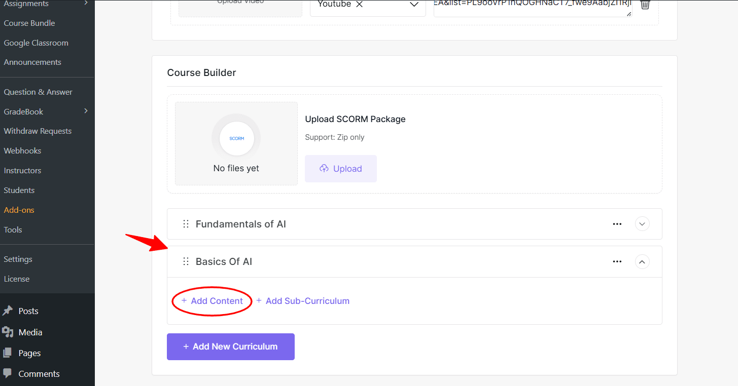 course curriculum content adding 