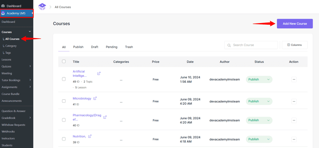 How to Create Course: click add new course