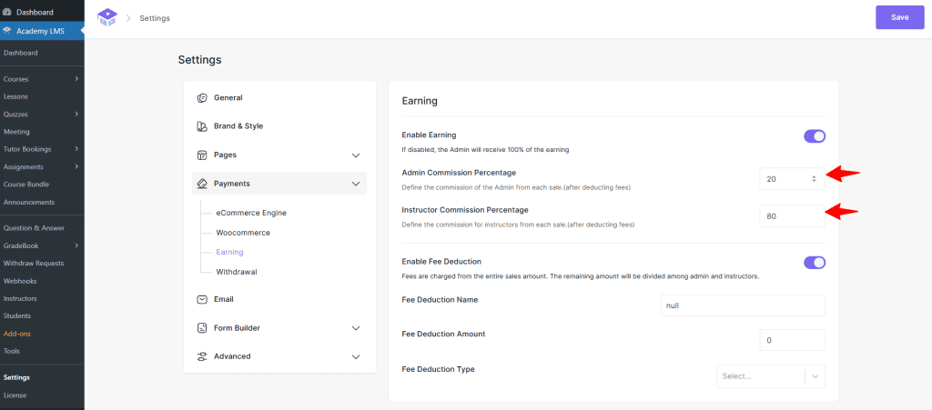 admin and instructor commission 