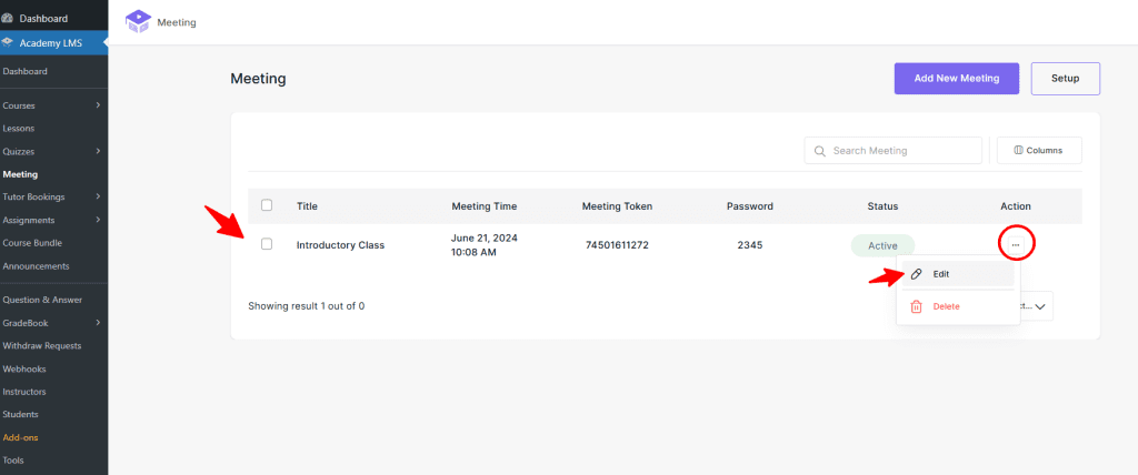 edit of delete the meeting 
