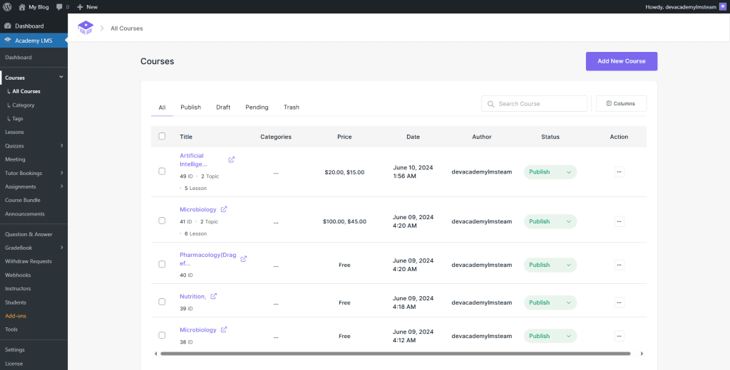 select a course from course list