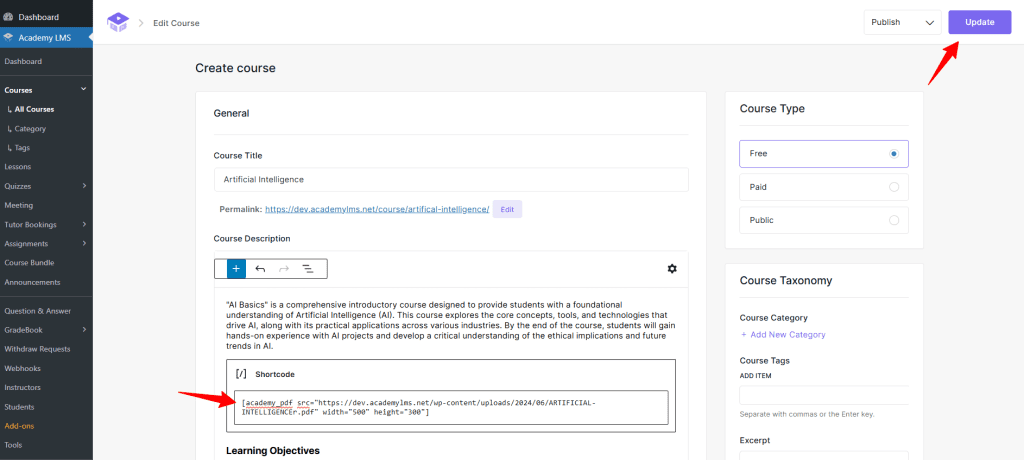 place short code and update