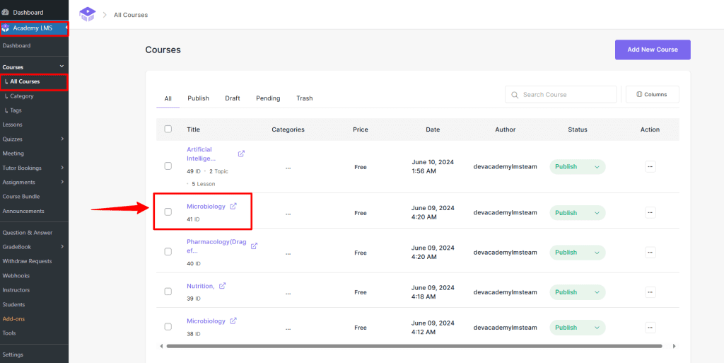 select course from courses
