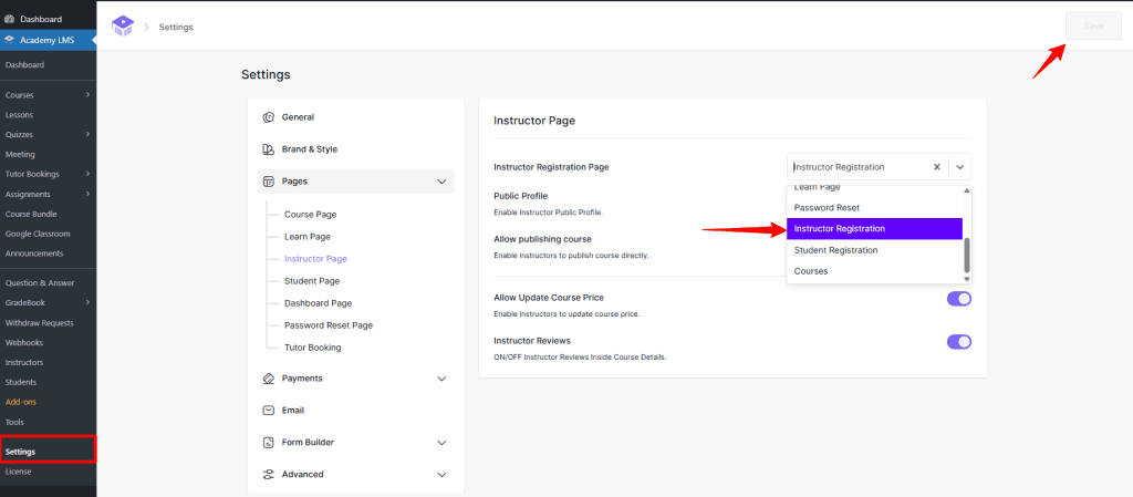 select page for instructor shortcode 