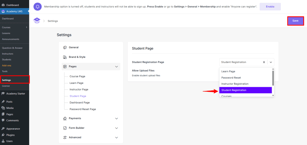 selecting page for student registration form