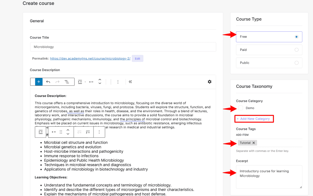 setting course information 