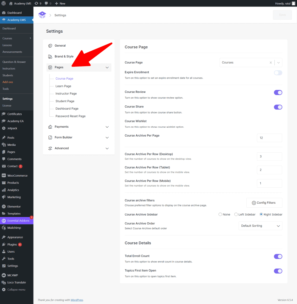 Academy LMS page settings 