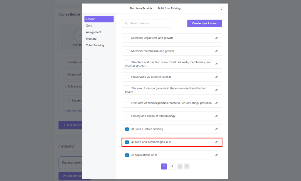 select from created lesson 