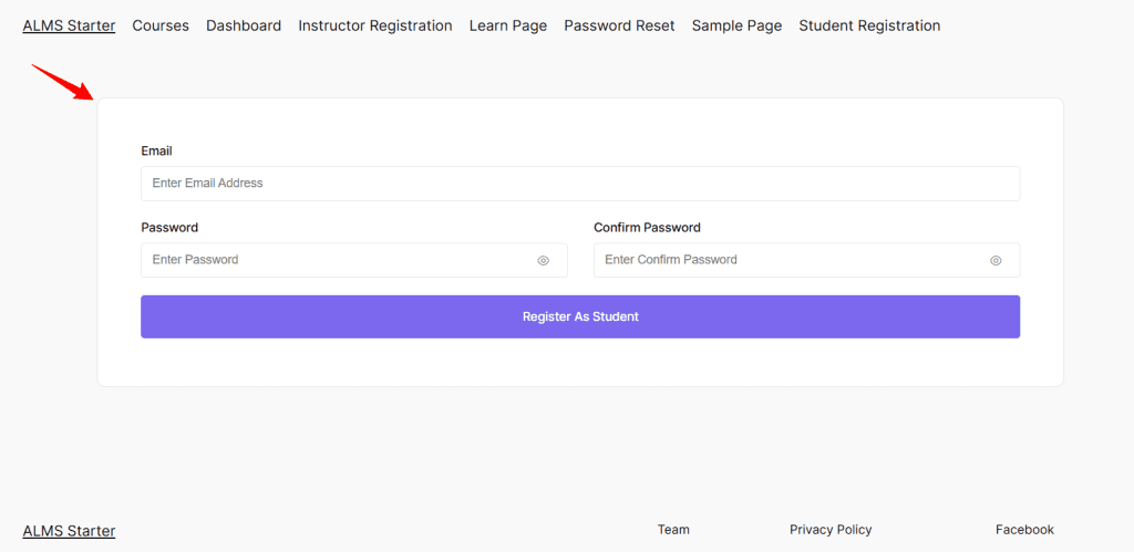 academy lms student registration form shortcode preview 