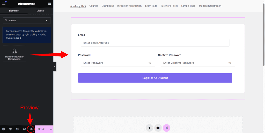 instructor registration widget