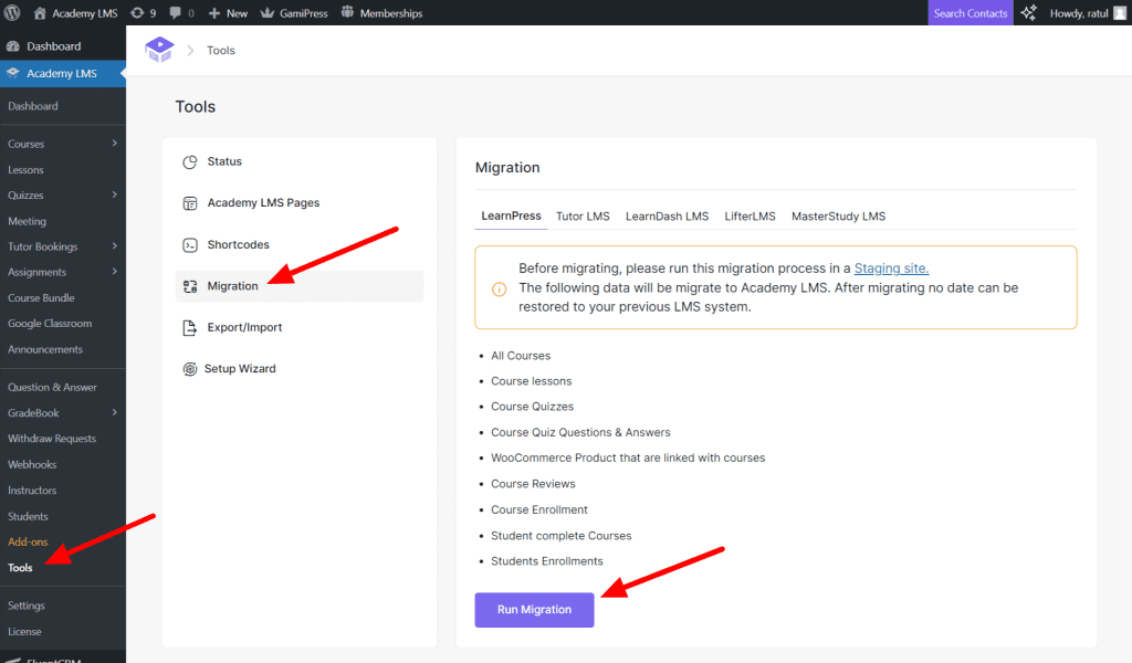 Go to migration from Academy LMS Dashbord