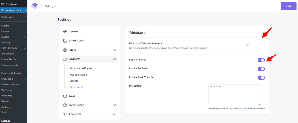 withdrawal and payment options