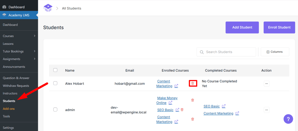 cancel enrolment from student