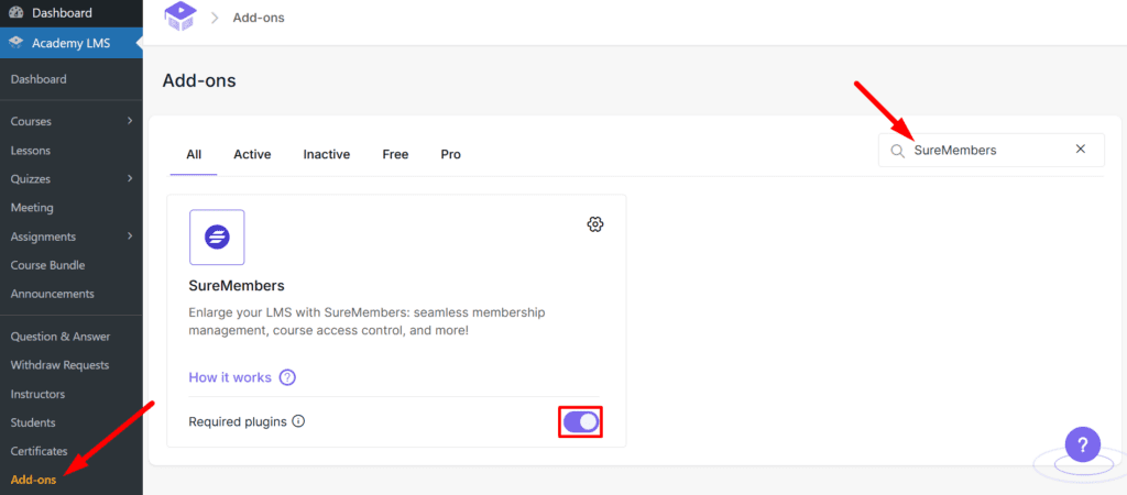 Academy LMS with SureMembers: enable SureMembers addons form Academy LMS