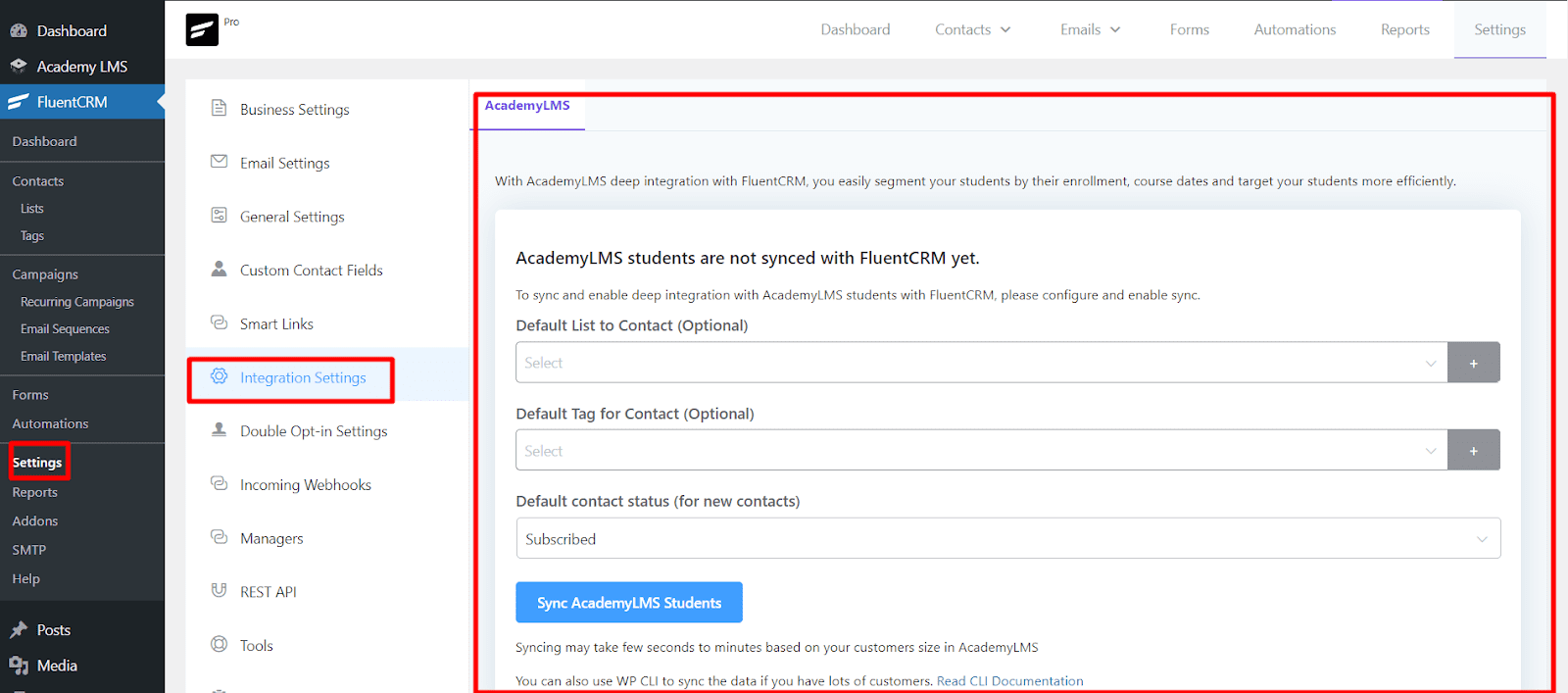 academy lms integration settings