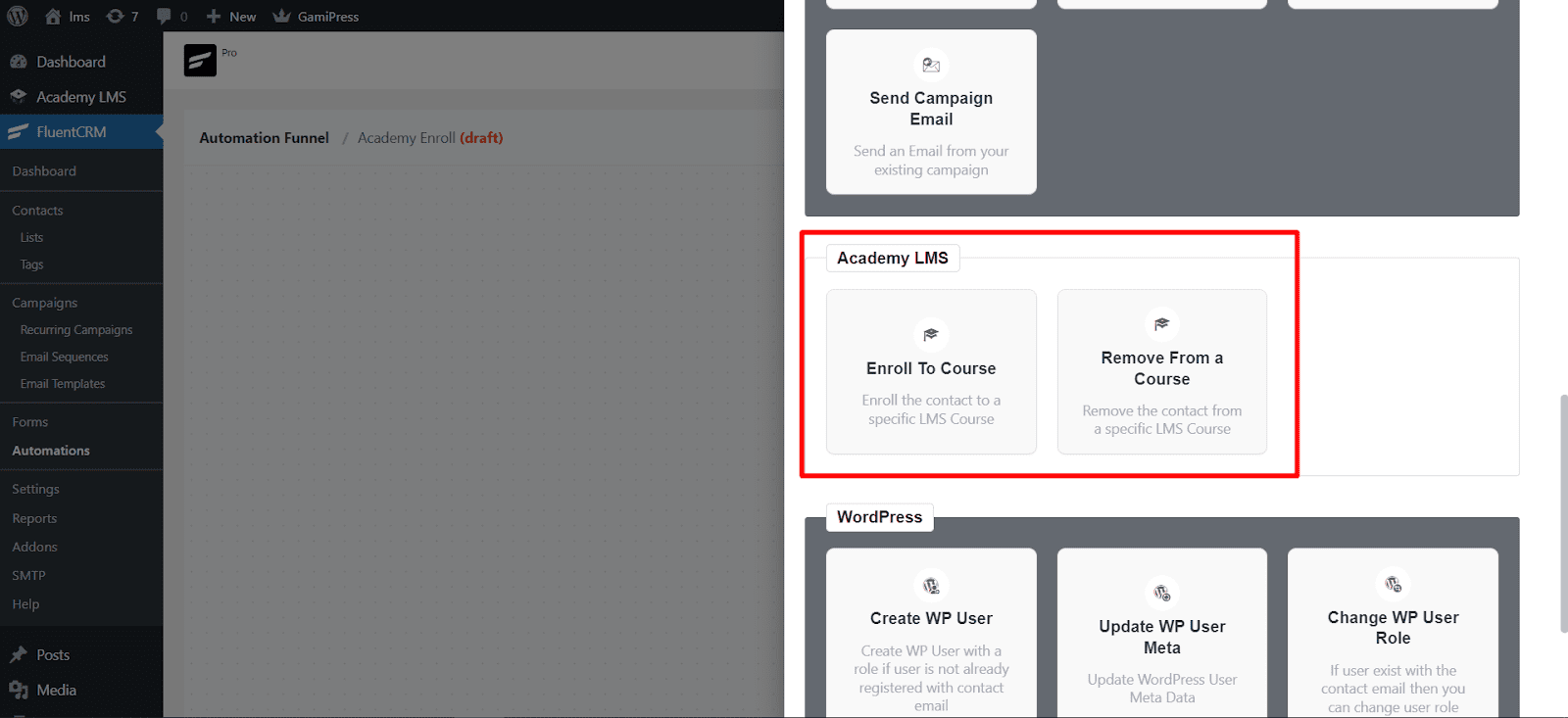 add action as enroll to course, remove from a course 
