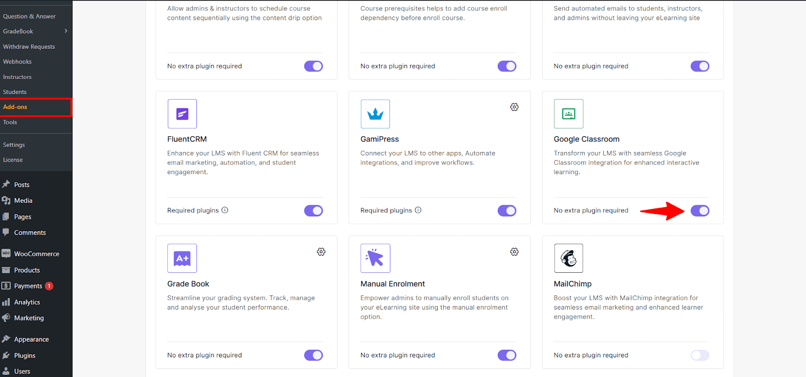 enable google classroom addon to use Google classroom with academy lms