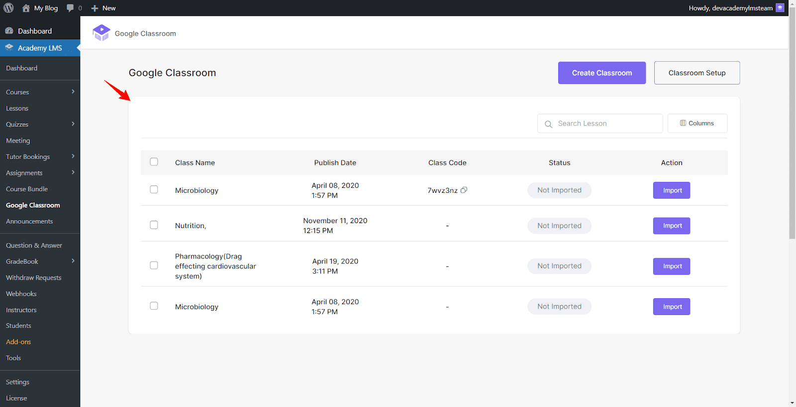 google classroom menu from academy lms