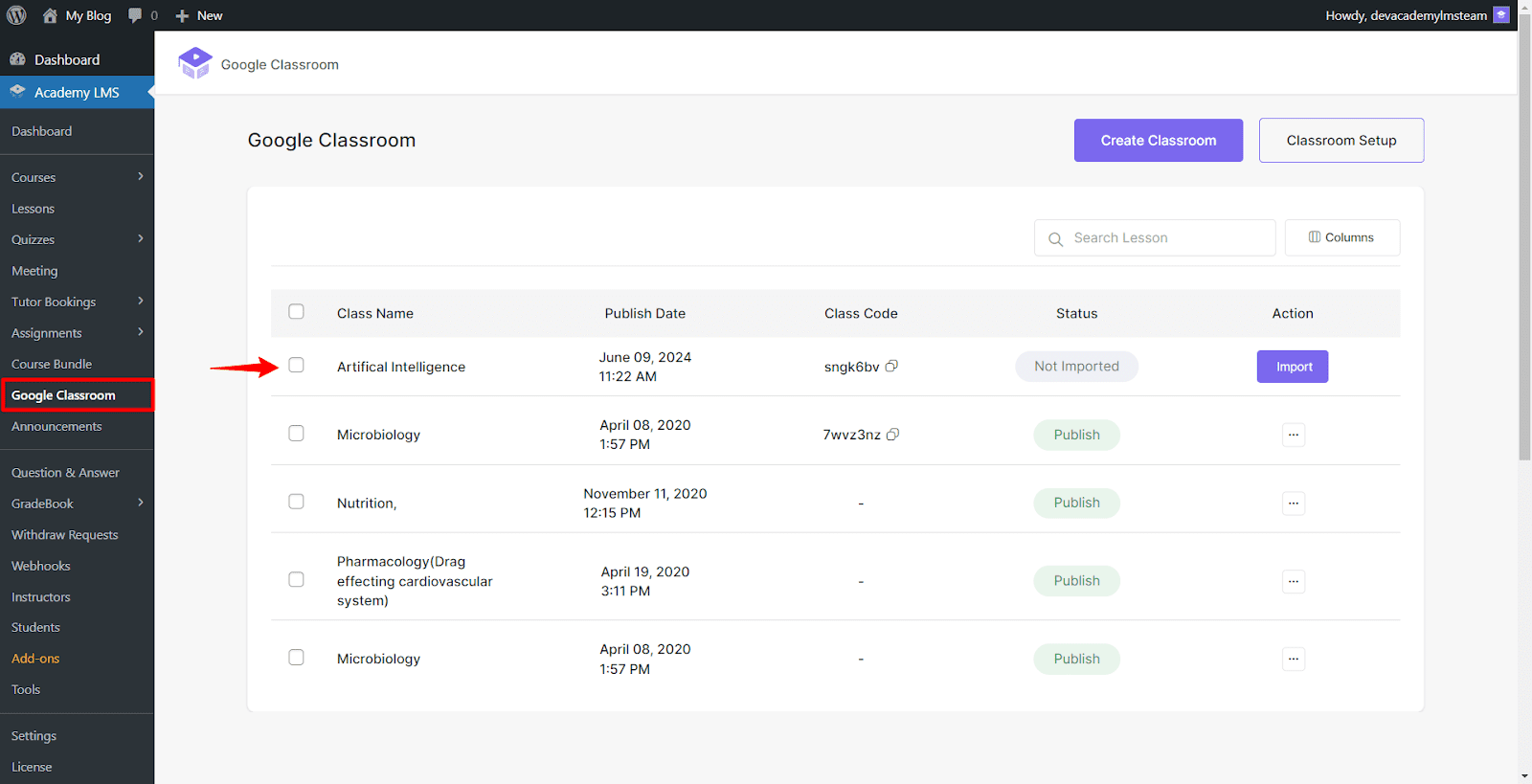 classroom available on academy lms menu